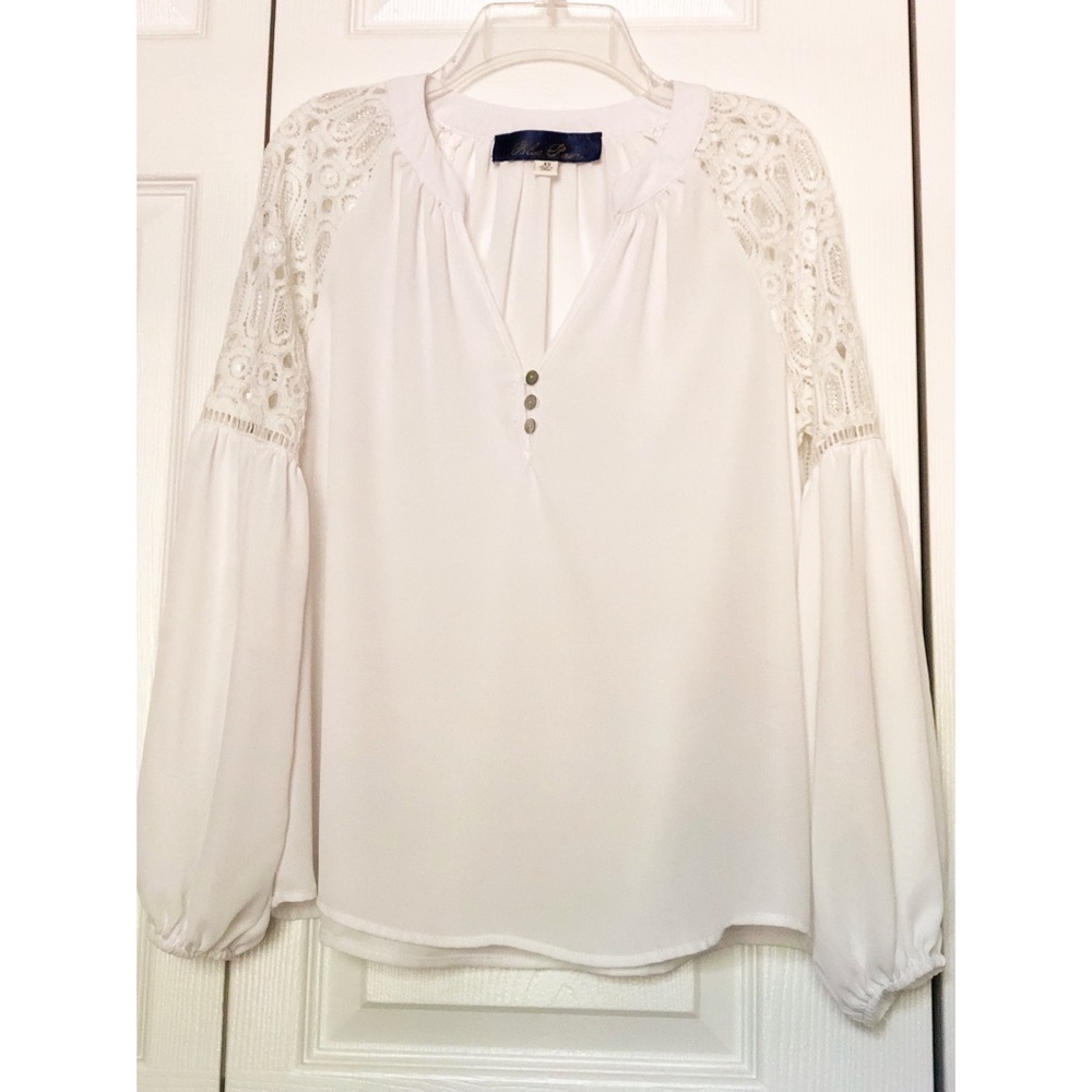 Blue Rain White LS Blouse with Bishop Lace Sleeves